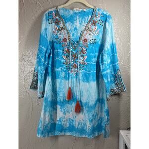 Soft Surroundings Icon Beverly Tunic Sky Blue Tie Dye Embroidered Size Medium